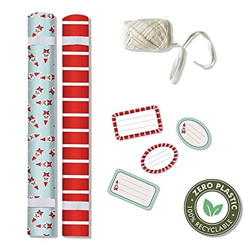 Clairefontaine 223890C - Kit D'emballage Cadeau Zéro Plastique - 2 Rouleaux Papier Cadeau 5mx35cm - Bobine Ruban 20m + 10 Étiquettes Cadeaux A Découper - Bleu/Rouge - Emballage Responsable