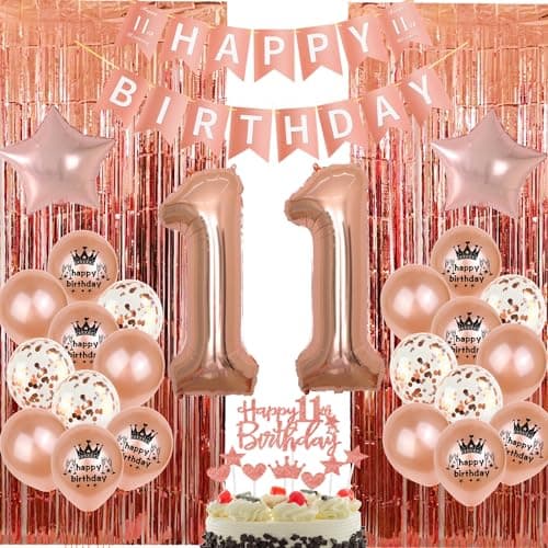 Décoration or rose 11 ans anniversaire fille,Ballon 11 ans anniversaire or rose,Rideau Frange Anniversaire 11 décoration fille,Décoration gâteau 11 ans anniversaire or rose,Ballon 11 ans fille