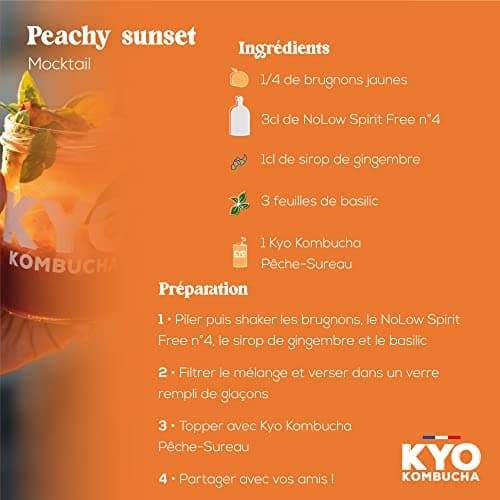 KYO Lot de 8 Canettes 33cl Kombucha Pêche Baies de Sureau bio - Pétillant - faible en sucre - sans alcool et artisanal