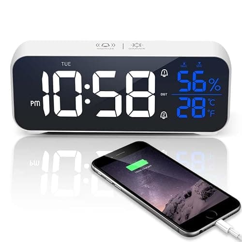 OWYELO Réveil Numérique, Horloge Numérique avec Grand écran LED, LED Horloge Digitale Réveil avec Fonction Snooze, Alarme de Miroir Portable avec Double Alarme, Charger USB, 12/24 H, Blanc