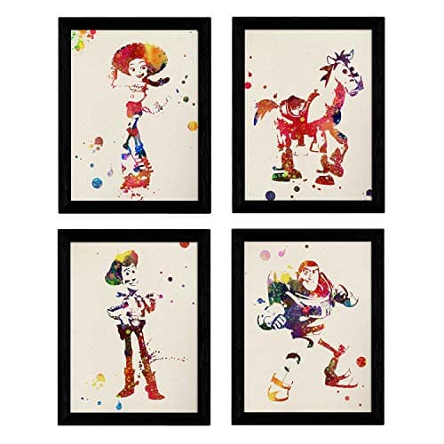 Nacnic Ensemble de Quatre Affiches de Style Aquarelle, éclatde Couleur. Poster de Film Toy Story; Buzz, Woody et Jessie et Le Cheval. Couleur de Fond aquarel. sans Cadre.