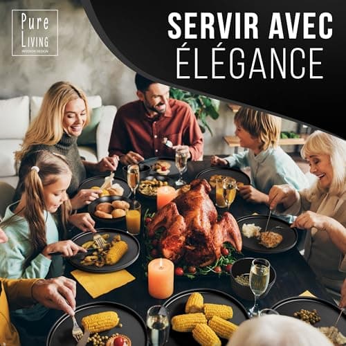 Ensemble de 6 Assiettes Plates Noires Mattes Manhattan -Teller en Grès Premium, Adaptés au Lave-vaisselle et au Micro-ondes- Élégantes Assiettes Noires pour 6 Personnes - Pure Living Urban Black