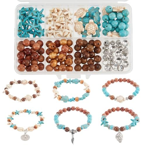 SUNNYCLUE 1 boîte 6 ensembles de Kit de Fabrication de Bracelets Océaniques, Perles de Tortue de Mer, Breloques en Forme D'Étoile de Mer, Perles en Bois, Perles D'Océan D'Été, Perles D'Animaux Marins,