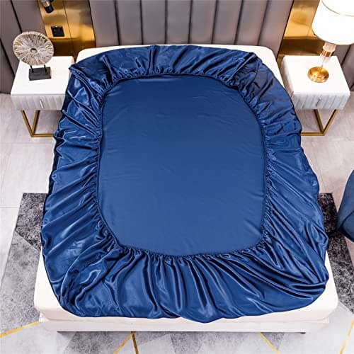 Drap Housse Satin 90x200 cm 1 Personne avec Grand Bonnet de 30 cm pour Matelas Épais - Drap-Housse Douce en Satin de Soie Polyester Couleur Unie, Bleu Marine