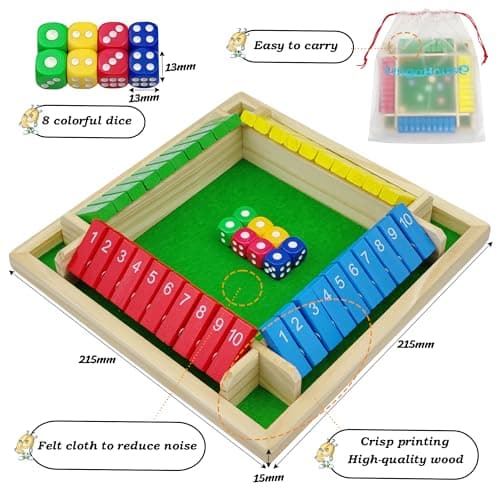 Shut The Box Jeu de Société en Bois, Classique-Jeu de Dés-Jeu de Rassemblement de la Famille Jouet de Voyage pour 2-4 Joueurs avec Sac de Stockage Formation en Logique Cadeau pour Enfants -Multicolore