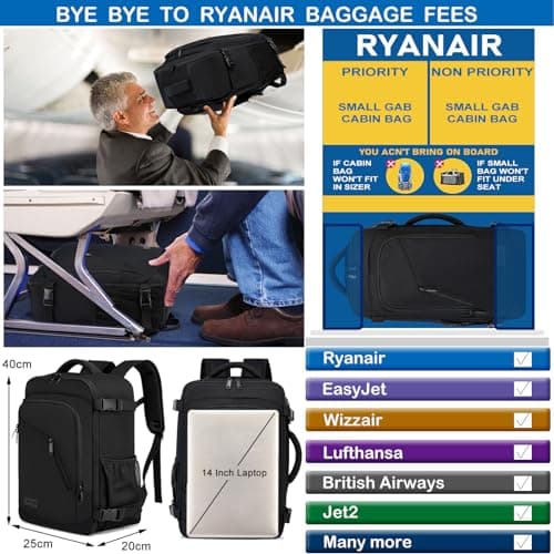 Bagage Cabine 40x20x25 pour Ryanair Sac à Dos Voyage Cabine Avion 20L Sous Siège Bagage à Main Petit Sac de Voyage avec USB Charging Port Sac à Dos Ordinateur Portable 14 Pouces Homme Femme Noir