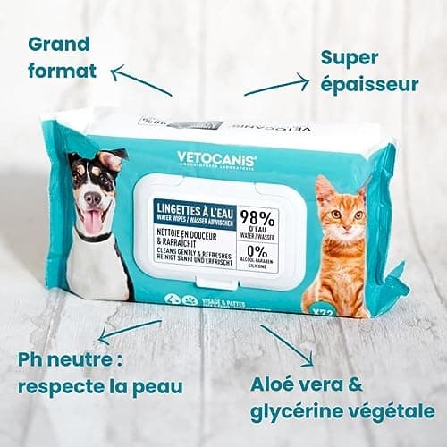 Vetocanis Lingettes Nettoyantes Chien et Chat x72 , Lingettes nettoyantes Oreilles, Yeux et Pattes de Chien et Chat Toutes Races et Tous Âges , Formule à base d'Actifs Végétaux, grand