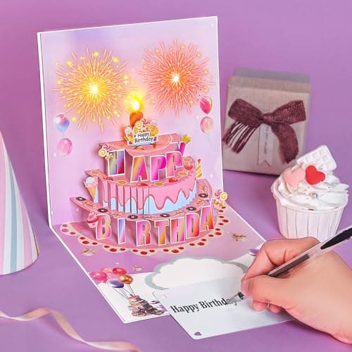 joyoldelf Carte Anniversaire Musicale Pop Up - Carte de Voeux 3D Avec LumièRes, Enveloppe Incluse, Joyeux Cadeaux d'Anniversaire Pour Les Femme Homme Garcon Fille Enfant Maman Amie(Violet)