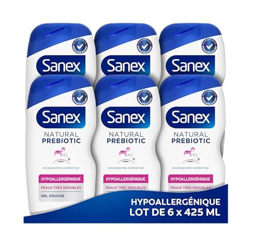 SANEX - Natural Prebiotic Hypoallergénique Gel Douche - Peau Très Sensible - Hydratation 12h - Complexe Prébiotique & Postbiotique - Testé Sous Contrôle Dermatologique - Sans Sulfate* - 425mL x6