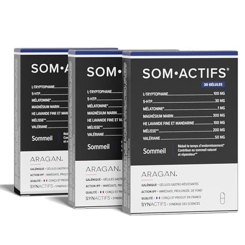 ARAGAN Synactifs Lot de 3 Somactifs | Complément Alimentaire Sommeil Adulte | Mélatonine, Mélisse, Valériane, Huiles essentielles, Magnésium | 90 gélules | 1 à 2 mois de prise Fabriqué en France