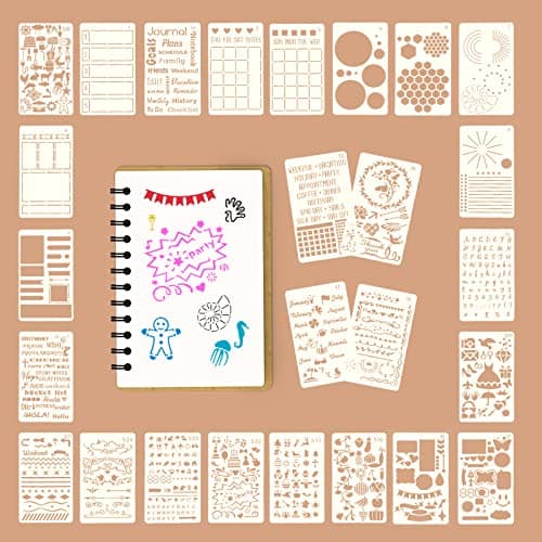 Pochoirs pour Journal Intime Bullet Journal Pochoir Kit Pochoir à Dessin Réutilisable pour DIY Carnet de Notes Scrapbooking 26 Pièces
