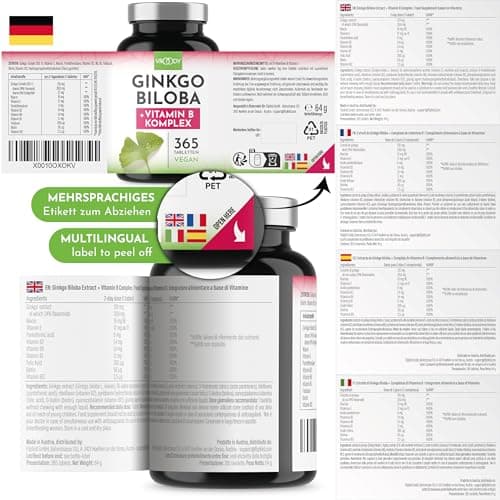 VROODY Vegan Extrait de ginkgo biloba à dose élevée - Associé à la vitamine B12, il contribue à réduire la fatigue et l’épuisement - 365 petits comprimés faciles à prendre
