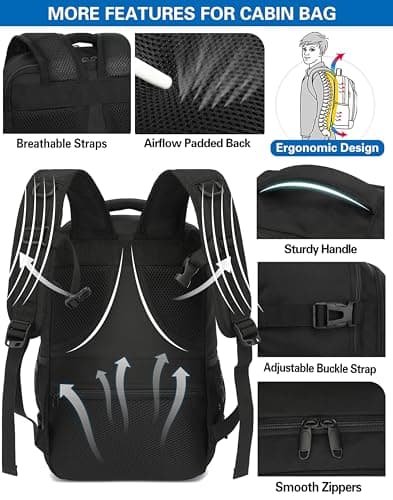 KLOSTAIN Bagage Cabine 40x20x25 pour Ryanair Sac à Dos Voyage Cabine Avion 20 L Femme Homme Bagage à Main Sac à Dos pour Ordinateur Portable Noir