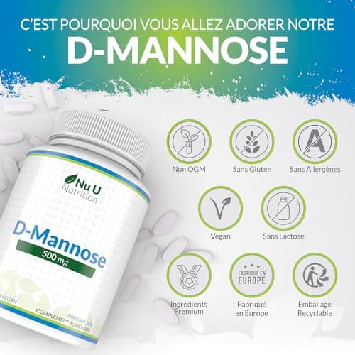 D-Mannose 500mg - 120 Comprimés Végétaliens - 4 Mois - Forte Puissance - Sans Allergènes - Pas de Gélules ni de Poudre de D Mannose - Nu U Nutrition