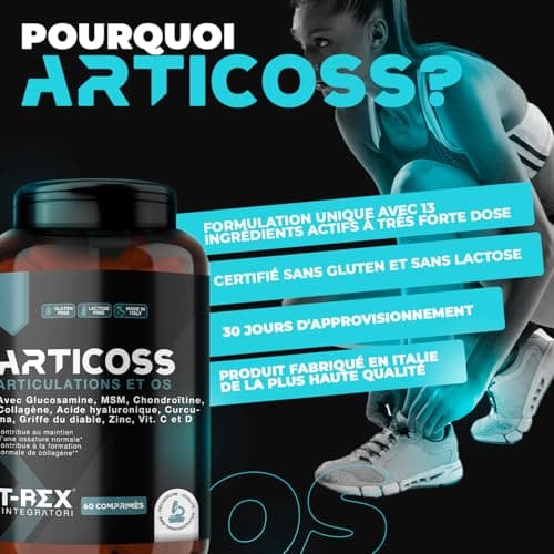 ARTICOSS, Glucosamine, Chondroïtine, MSM, Harpagophytum Supplément pour Articulations, Os es Cartilage avec Vitamine C et Vitamine D, Collagène et Acide Hyaluronique. 60 comprimés