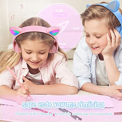 Casque pour Enfants sans FI, Megadream Casque Cat Pliable avec LED Flash Lumières Glow pour Enfants 8+, 3.5mm Jack, SD Carte Slot pour PC, Tablette, Smart Phone (Rose)