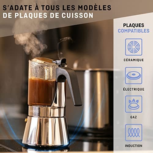 VeoHome Cafetière Italienne en verre et inox 360 ML – Cafetière Moka Induction, Gaz, Céramique Style Expresso – 7 tasses, Sûre et Lavable au Lave-Vaisselle