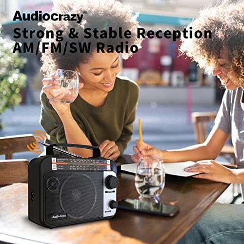 Audiocrazy Radio Portable FM/AM/SW1-2 Radio Multibande avec Batterie Rechargeable 1800 mAh, Câble AC Ou Radio FM Portable avec Piles, Haut-parleurs, Prise Casque, Entrée AUX Noir