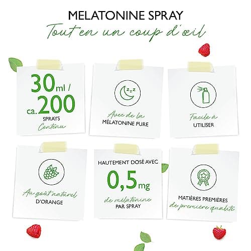 Mélatonine Spray - Spray instantané extra fortement dosé avec 0,5 mg de mélatonine par pulvérisation - Spray pour l'endormissement - Sans alcool - Vegan - Goût d'orange - 30 ml