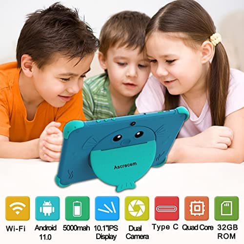 Ascrecem Tablette pour Enfant 10 Pouces Android Tablette Enfants avec WiFi IPS Display,Double Caméra,2Go+32Go ROM,Quad Core,ContrôLe Parental,Tablette Tactile Educative avec Youtube Google Play (Bleu)
