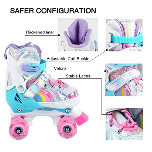 OLYSPM Patins à roulettes pour Enfants, 8 Roues Lumineuses et 4 Tailles réglables, Patins à Quatre Roues avec Sac de Rangement, Patins à roulettes à Double rangée pour Filles, garçons et débutants