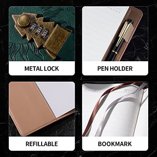 ZXHQ Journal intime avec serrure pour femmes hommes, journal secret pour filles, carnet d'écriture en cuir rechargeable, format A5 (8,5 × 5,9 pouces)