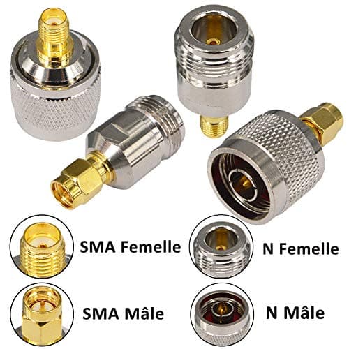 Boobrie 4PCS Kit de Connecteur Type N vers SMA Adaptateur N Mâle/Femelle à SMA Mâle/Femelle Fiche N SMA Connecteur SMA N-Type pour Antenne CB, Radio, Antenne WiFi, Antenne Routeur WiFi sans Fil
