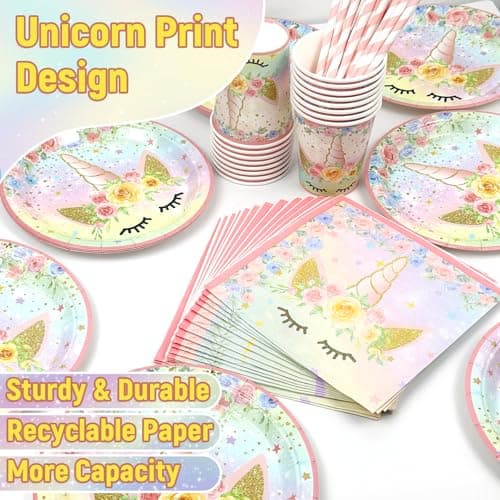 YEJIKJ 3 Ans Anniversaire Licorne Decoration Fille, Vaisselle Kit Assiettes Gobelets Licorne Ballon, Decoration Anniversaire Licorne 3 Ans Kit pour Party Fête Anniversaire Fête Décorations (16 Invités