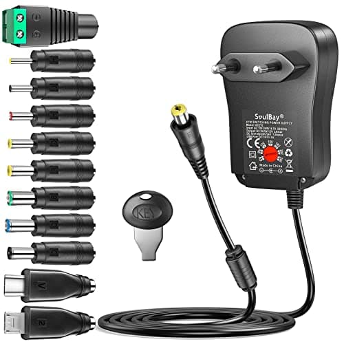SoulBay 41W AC/DC Universal Adapter 24V / 20V / 18V / 15V / 12V / 9V / 6V Chargeur Transformateur d'alimentation avec 11 Pointes Contient des fiches USB-C, pour l'électronique Domestique, 2000mA Max