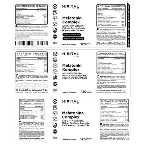 Melatonine Complexe | 120 gélules vegan pour 4 mois | Avec 5-HTP, Valériane, Mélisse, Passiflore, Pavot de Californie, Houblon et Tilleul | Améliore le sommeil, le repos, réduit l'anxiété et le stress