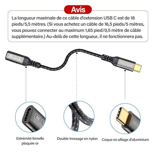 HOTUTUKI cable usb c male/femelle 50 cm,USB C 3.2 Gen2, 20gbs 240W/5A Compatible USB C 3.2, USB 3.1, USB 3.0, 4K à 60 Hz,usb extender cable,rallonge type c femelle