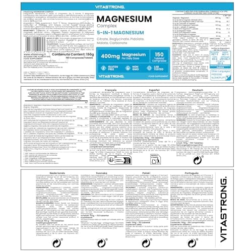 MAGNESIUM COMPLEX 400mg - 5 en 1 Magnésium - Magnesium Bisglycinate + Magnésium Citrate + Magnésium Pidolate + Malate et Carbonate – Complément Antistress au Magnésium