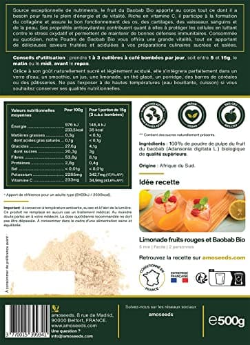 Poudre de Baobab Bio 500G | Énergie, Articulations, Belle Peau, Immunité | Qualité Supérieure