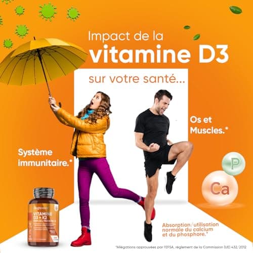 Vitamines D3 K2 (MK7) 100 % Pure 365 Comprimés - Combinaison Vitamine D3 2000 UI + Vitamine K2 200 μg - Pour les Os, Muscles, le Système Immunitaire, la Coagulation Sanguine Vitamine du Soleil EFSA