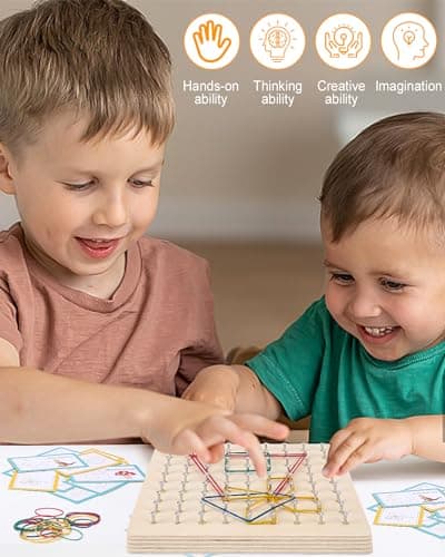 Jouet Montessori Géoboard en Bois,avec Cartes de Motifs et Rubber Band, marqueur pour tableau blanc,8x8 Épingles Pegboard Jeu Maternelle,Montessori Puzzle Forme,Idée cadeau pour garçons,Enfant Jouet