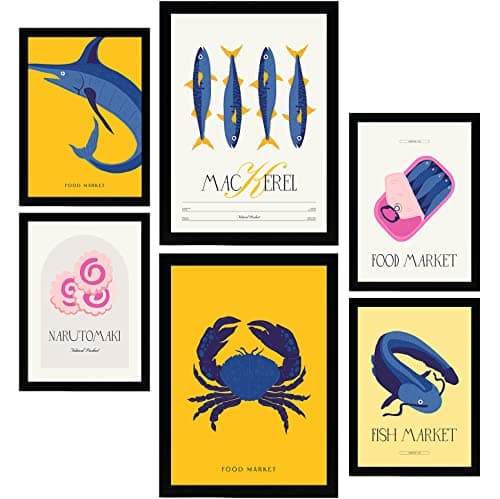 Nacnic Ensemble de 6 affiches sur l'alimentation et la nutrition. Produits de la mer. Affiches nature et nutrition pour l'aménagement intérieur et la décoration. A3 et A4, cadres noirs.