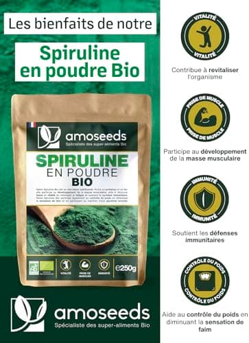 Spiruline en poudre BIO 250G | Naturelle et Pure | Riche en protéines, fer | Énergie, Sport, Immunité | Sans OGM, sans Conservateurs | Qualité Supérieure