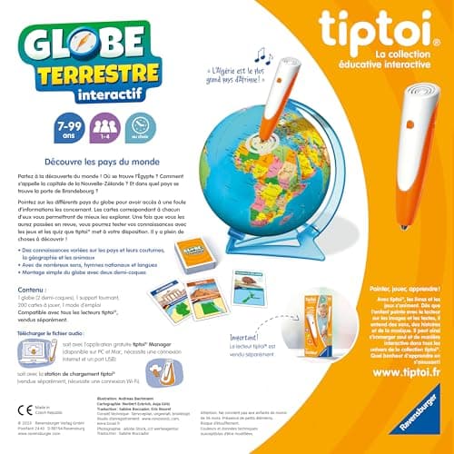 Ravensburger - tiptoi® - Jeu interactif - Globe terrestre interactif - Lecteur vendu séparément - Jeu éducatif électronique, sans écran - Dès 7 ans - version française - 00 191