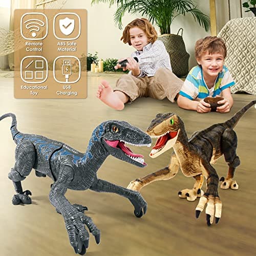 Jouets Dinosaures télécommandés 2,4 G,vélocirapteur électronique éducatif avec lumières et Sons,Jouets Robot Dinosaure alimentés par Batterie Rechargeable,Meilleurs Jouets RC Cadeaux pour Enfants