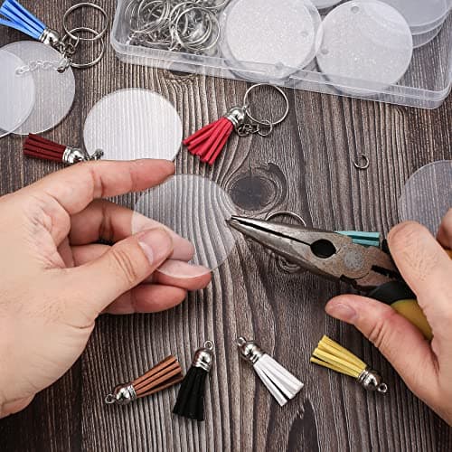 PIANKEKE 80 Pièces Acrylique Porte-clés Disque Glands Set, Cercle Pendentifs, Transparent Ronde Anneaux de Saut pour DIY