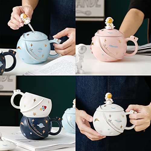 ZMHQLPDZ Mug humoristique pour femme, 450 ml, motif astronaute mignon avec couvercle et cuillère, tasse Kawaii fantaisie pour café, thé et lait, tasse cadeau (rose)