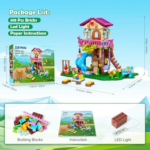 CUBIMANA Jouets de Construction de cabane dans Les Arbres avec lumière LED - 618 pièces Ensemble de Construction de Maison à 3 étages, Cadeaux de Noël pour Enfants Filles garçons