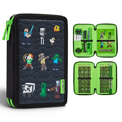 Minecraft Trousse Scolaire Enfants avec Plusieurs Compartiment, Papeterie Incluse - Ecole Fourniture (Noir)