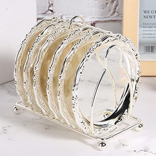 Tomotato 6 Pièces Dessous de Verre, 10cm sous-Verre Ronde en Métal Rétro de Style Européen avec Support, Tapis de Tasse Antidérapants pour Mariage, Dîners, Restaurant, Hôtel(Argent)