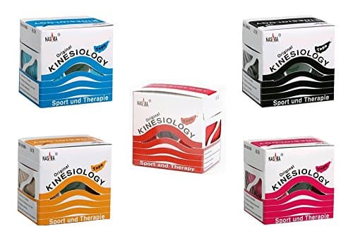 Nasara Bande de kinésiologie dans une boîte pratique, Bande pour sport et médecine, lot économique 1x bleu 1x rose 1 rouge 1x noir 1x beige, 5cm x 5m