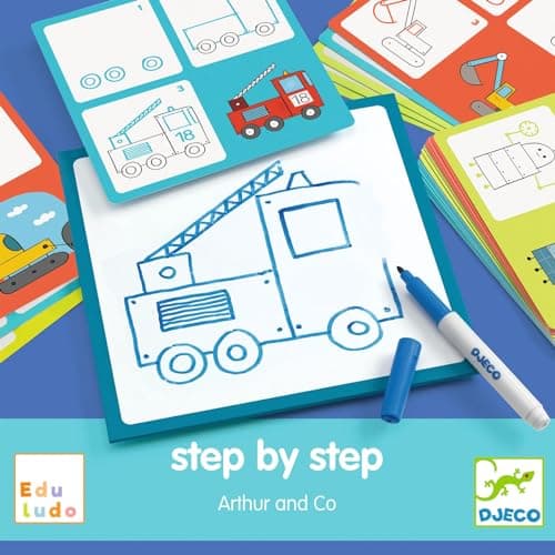 DJECO Step by Step Arthur et Co - Jeu Éducatif Dessin pour Apprendre à Dessiner Pas à Pas, dès 4 ans - Effaçable, Réutilisable - Contient 1 Planche Veleda, 1 Feutre Effaçable, 1 Chiffon et 24 Modèles