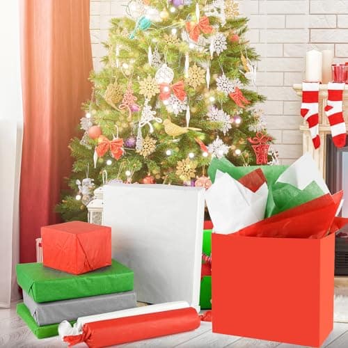 NEBURORA Assortiment de 60 feuilles de papier de soie de Noël 50 x 35 cm Rouge Vert Blanc Gris Papier d'emballage cadeau en vrac pour cadeaux de vacances, sacs artisanaux et décorations de fête