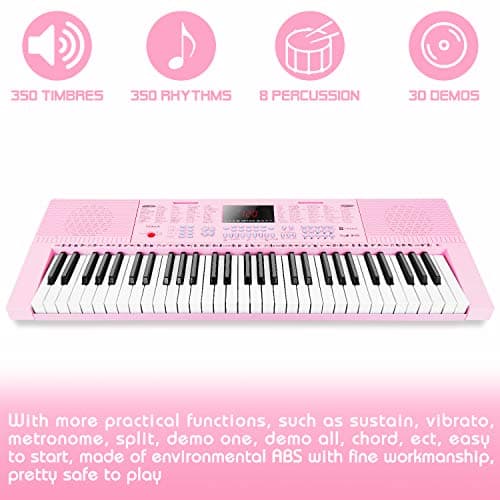 Vangoa Clavier de Piano 61 Mini Touches Clavier Piano électronique avec 3 modes d'enseignement, microphone, 350 sons, 350 rythmes, 30 démos, Rose