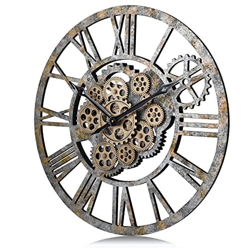 Lafocuse Horloge Murale Geante avec Engrenages Mobiles, Marron Industrielle Bois, Steampunk XXL Vintage Pendule Murale Retro, Chiffres Romains 57cm pour Salon Bar Bureau