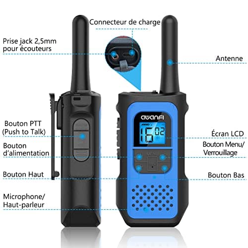 AWANFI Talkie Walkie Rechargeable Enfants Adultes 3 Pièces, Longue Portée avec 16 Canaux Radio à 2 Voies Écran LCD, USB Type C avec VOX pour Jeu d'Aventure, Randoneé, Vélo